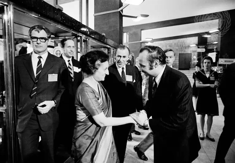 PM Indira Gandhi at 1972 Stockholm Conference with UN Secretary.