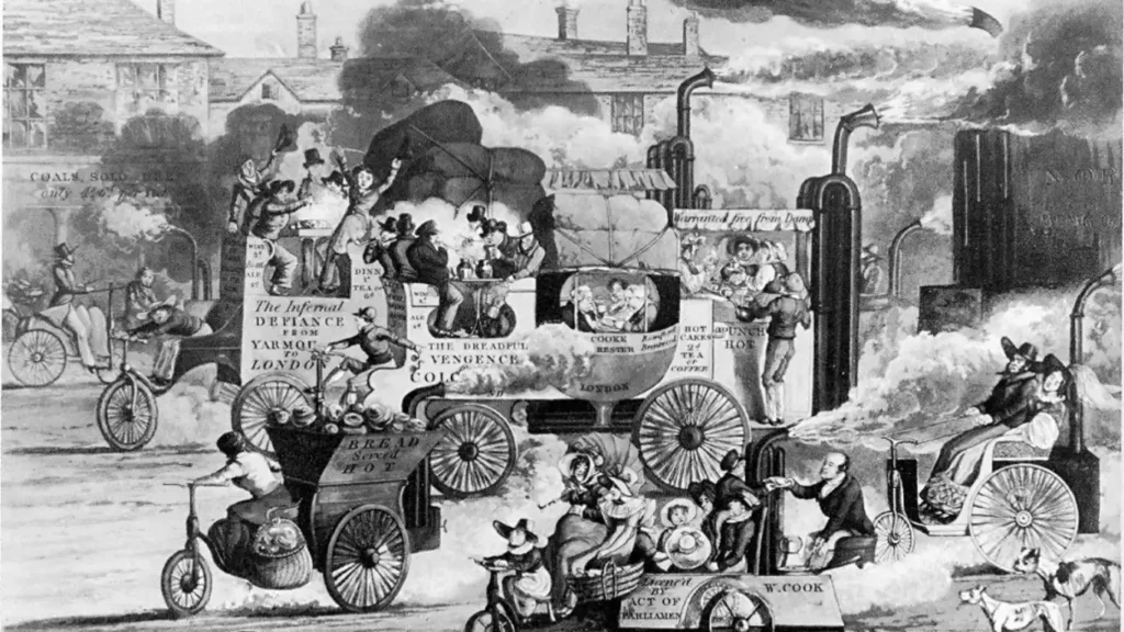 Cartoon image of smoke pumping gasoline powered cars pollution the air in 19th century. Precursor to Climate Tech.