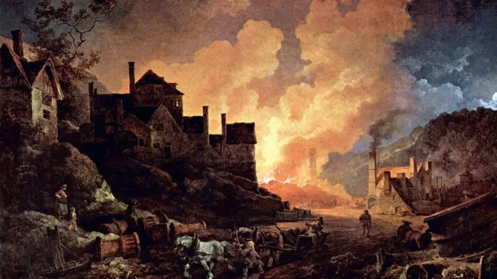 Vivid painting with blazing fires and smoke to highlight destruction of environment due to industrial practices.