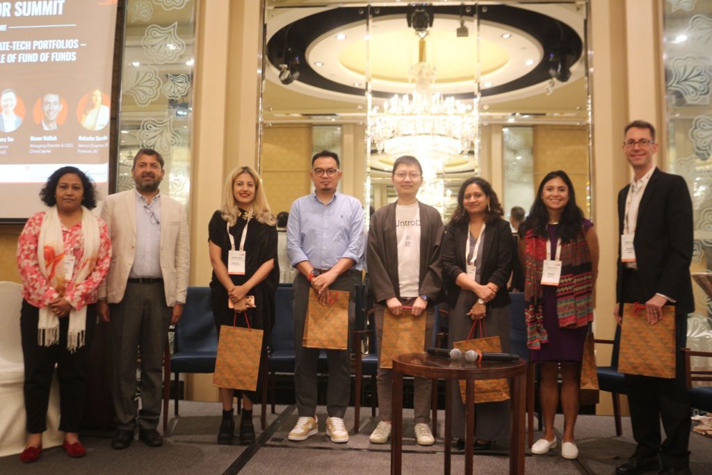 Parimita Mohanty - UN Environment Programme, Shailesh Vickram Singh – Massive Earth Foundation, Natasha Garcha – Impact Investment Exchange (IIX), Khairu Rejal – Investible, Henry Tao – UntroD Capital, Jugnu Pati – ADB Ventures, Marie Cheong – Wavemaker Impact, and Mason Wallick - Clime Capital, captured together during the SAFFAL Investor & Donor Summit at Singapore.